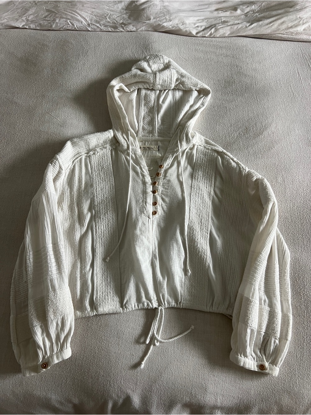 Free People Ivory Cropped Hooded Button-Front Top